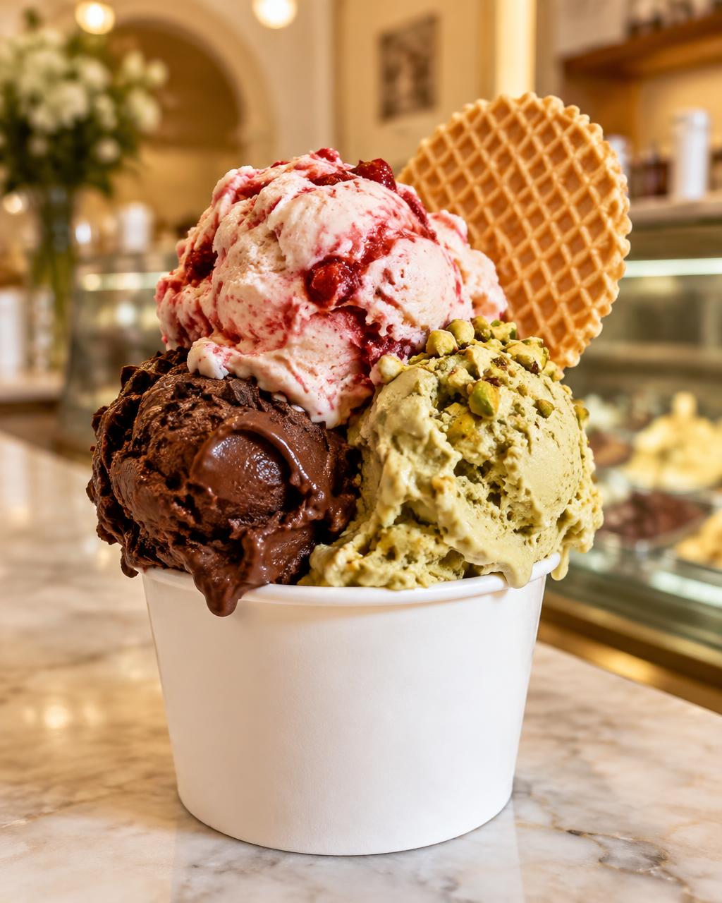Cup of strawberry, chocolate and pistachio gelato with a wafer